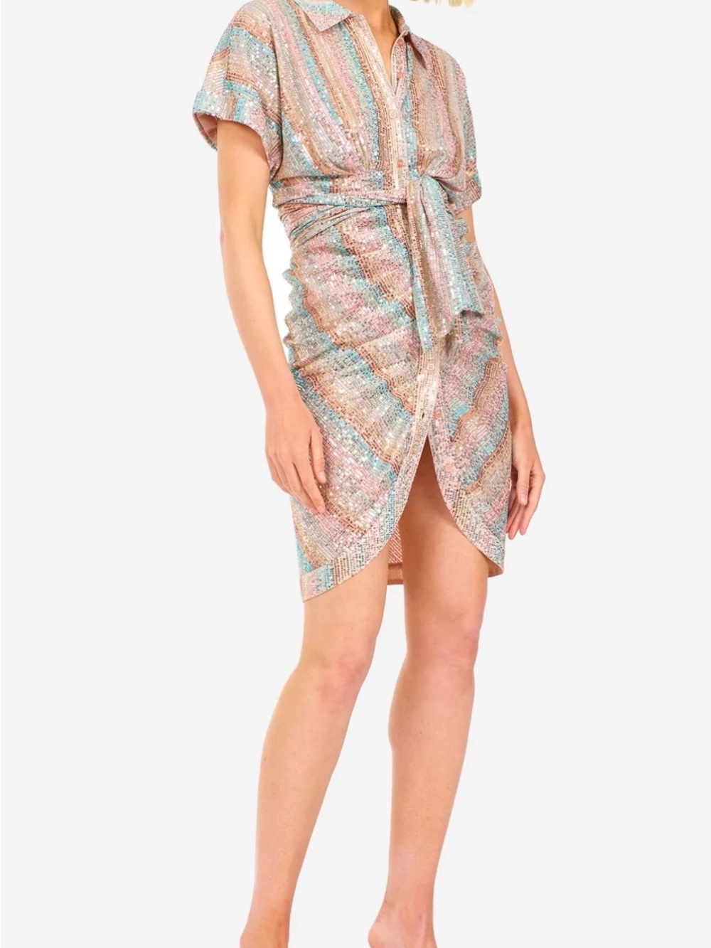 Pastel Multi Sequin Tie-Waist Mini Dress